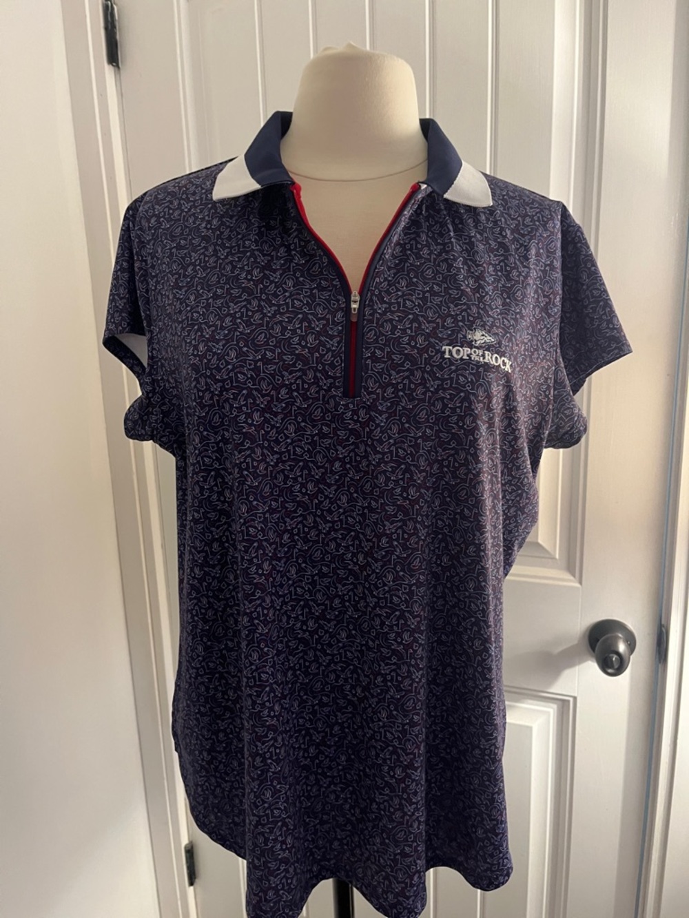 Peter Millar Navy Short-Sleeve Zip Polo with White Collar Accents